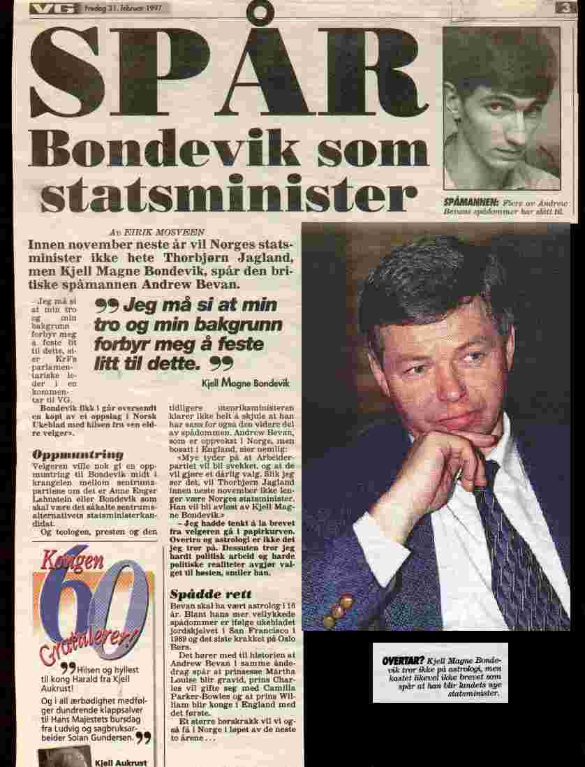 Andrew Bevan predicted Bondevik (Christian Democrats) to take over as Prime minister after Thorbjorn Jagland, 1997.