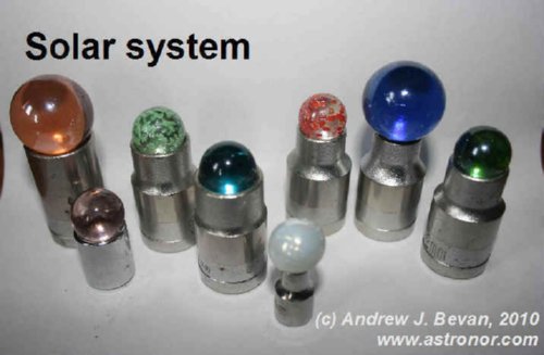 Marbles mounted on socket wrenches to represent the Sun and 6 inner Planets. A white Moon is included.